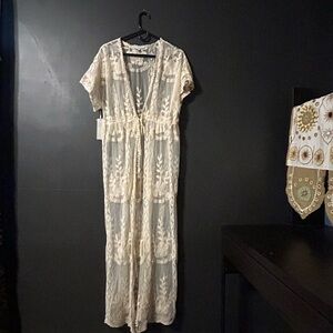 Ivory Lace Long Sheer Patterned Boho Cardigan Duster Jacket/Beach Cover Up sz L